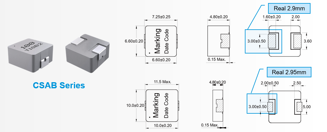 Industrial-Grade Molding Power Chokes CSAB series Appearance and Terminal Size