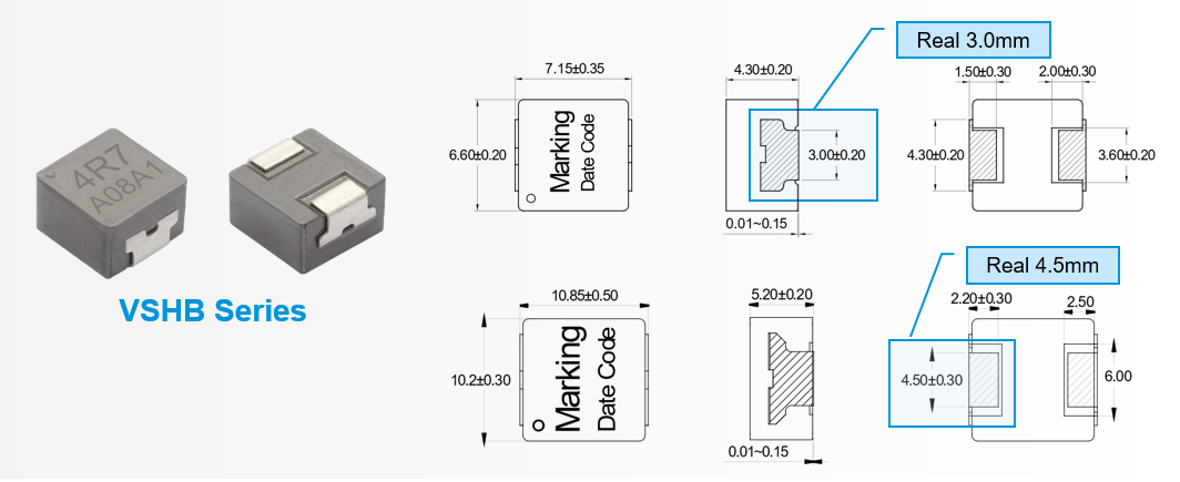 Automotive-Grade Molding Power Chokes VSHB series Appearance and Terminal Size
